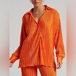Women's Orange Pleated Button-Up Shirt